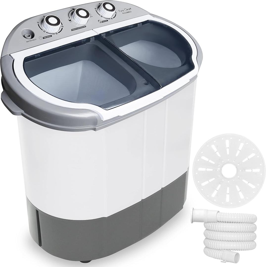 Pyle Compact Home Washer & Dryer, 2 in 1 Portable Mini Washing Machine, Twin Tubs, 11lbs. Capacity, 110V, Spin Cycle w/Hose, Translucent Tub Container Window, Ideal for Smaller Laundry Loads, Gray
