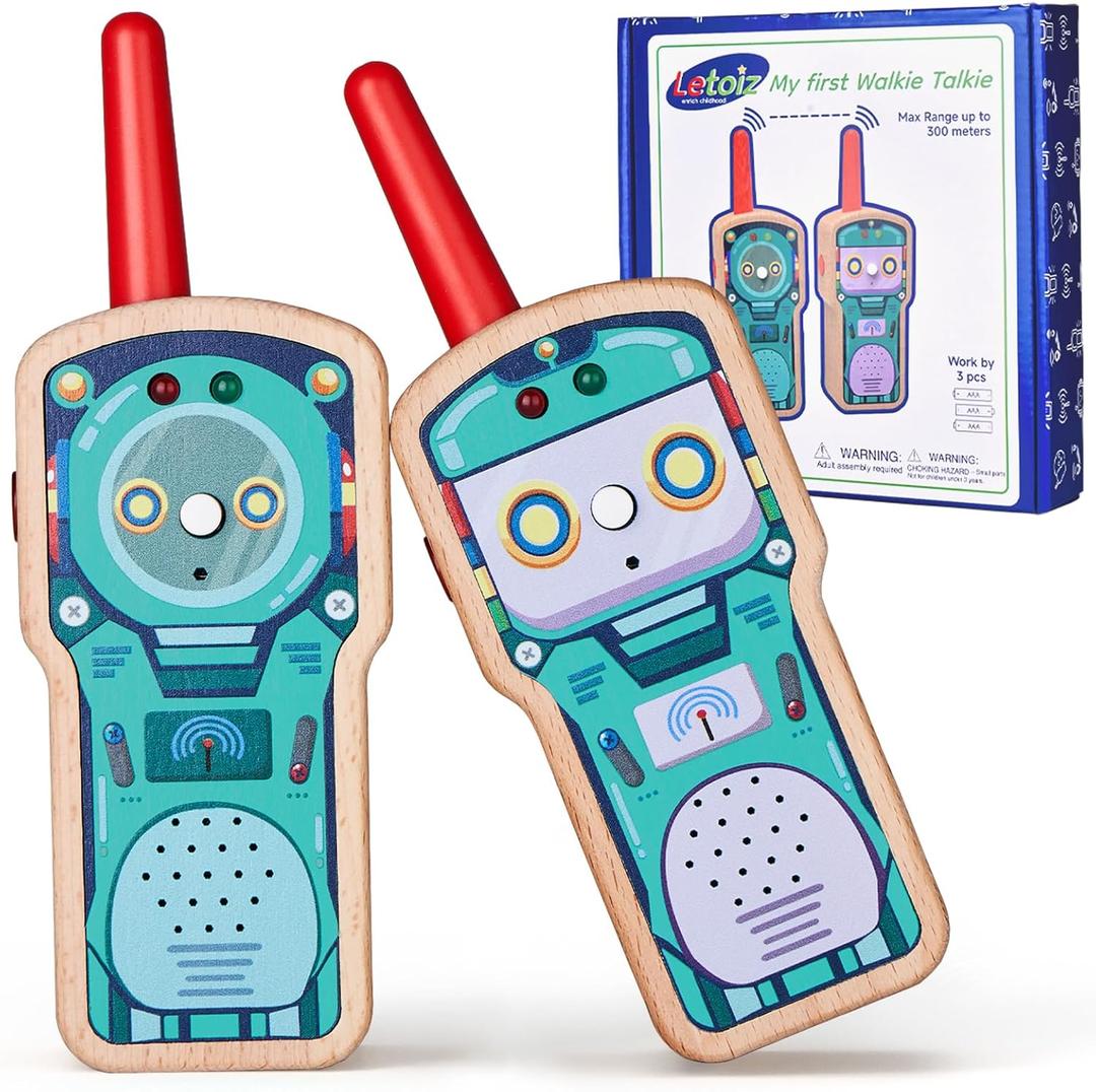 Robot Walkie Talkie for Kids, 2 Pack Wooden Handheld Walkie-Talkie for Boys and Girls Ages 3-12 Hiking Camping, 1000FT Long Range with 2 Way Radio, Indoor and Outdoor Toys for Birthday Xmas