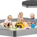 75.5''x53''x8.5'' Octagon Sandbox with Storage Box for Kids Outdoor Play, Wood Large Sandpit with Cover & 3 Benches, Quick Easy Install (Grey)
