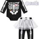 IWALUE Newborn Baby Girls Skeleton Costume Outfit Funny Halloween Skull Tulle Skirt Romper Pants Set, Size 3-6 Month
