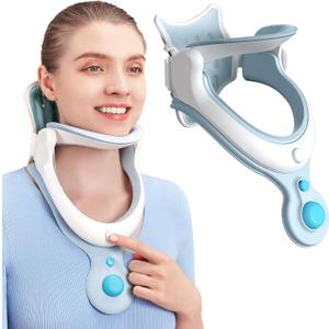 Cervical Neck Traction Device Neck Brace for Men and Women, Adjustable Neck Stretcher with 3 Power Tractions for Neck Pain Decompression Tension Relief (Inflatable) (Blue-inflatable-1)
