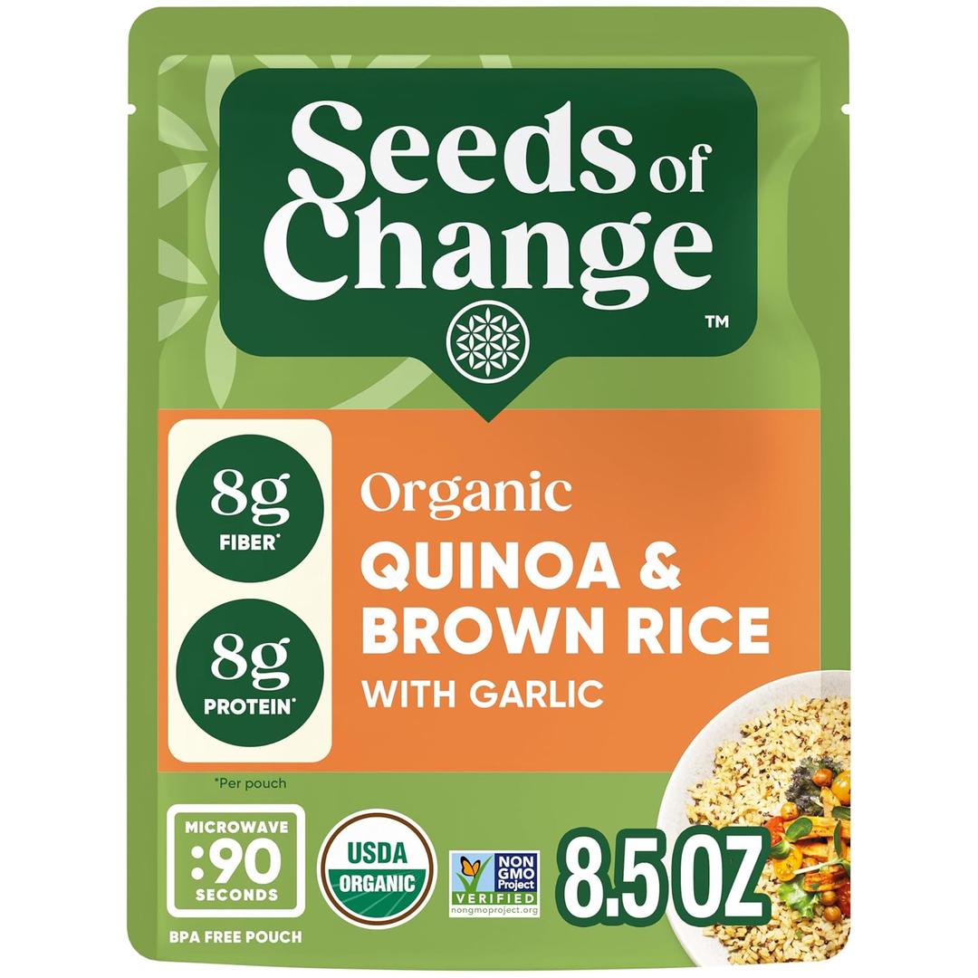 SEEDS OF CHANGE Organic Quinoa & Brown Rice with Garlic, Organic Food, 8.5 OZ Pouch (8.5 Ounce (Pack of 1)), BB Date: 10/25
