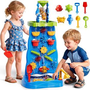 Toddler Sand Water Table Waterfall Wall Playset, Kids Activity Sensory Table with Beach Fun Sand Toy, Summer Outdoor Toys Sand Water Play Table for Toddler Ages 2 3 4 5 6 7 8