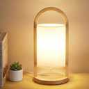 Small Table Lamp with Handle, 3 Color Temperature Bedside Lamp for Bedroom, Wood Base with Linen Shade, Portable Modern Nightstand Lamp for Living Room, Office & Dorm (LED Bulb Included)