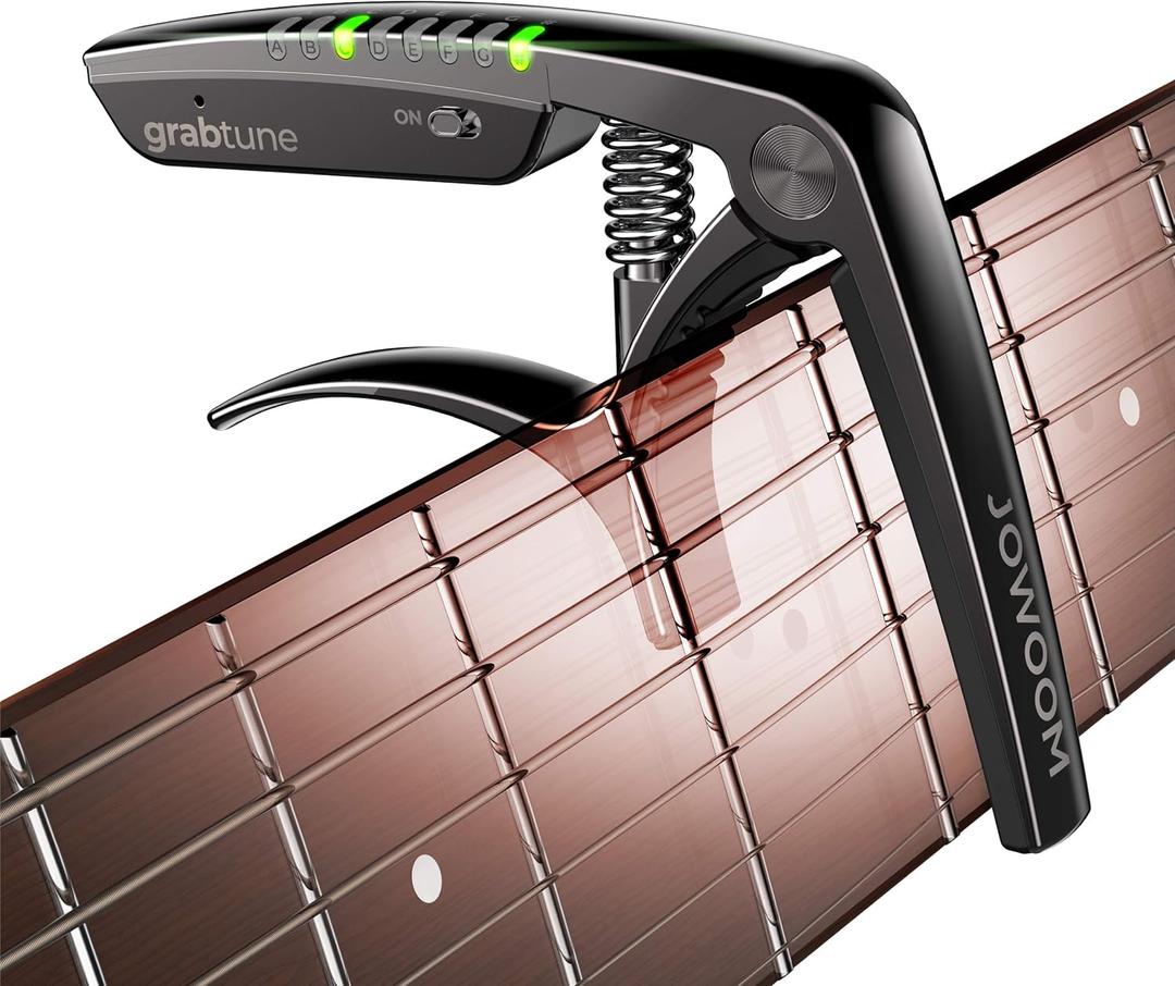 Grabtune Acoustic Guitar Capo-Tuner | 2 In 1 Equipment | Precise and Accurate Tuning System | Full Color LED Edge Lighting Display | USB Rechargeable Battery | Chrome Plating (Black)