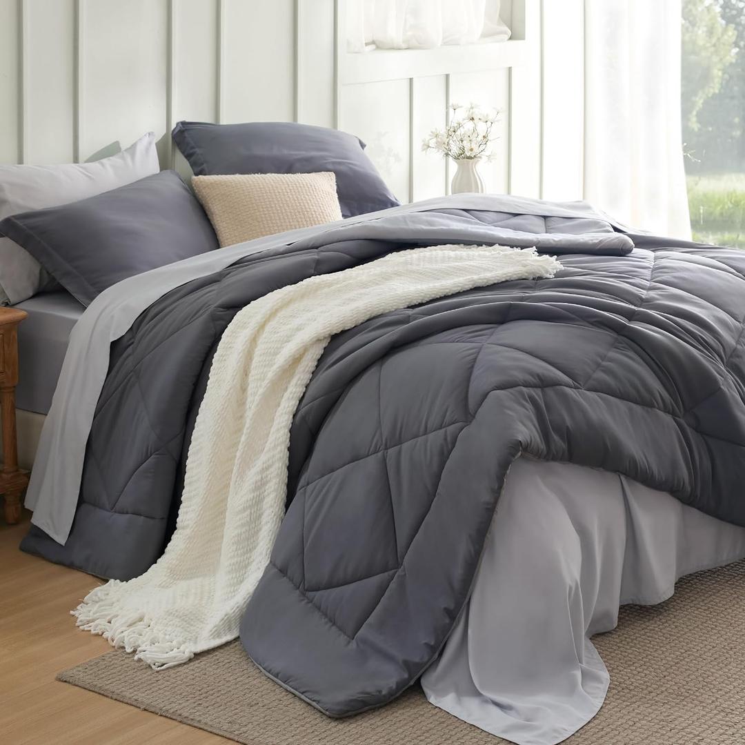 Bedsure Queen Comforter Set - 7 Pieces Reversible Dark Grey Bedding, Queen Size, Bed Set for All Seasons, Bed in a Bag with Down Alternative Comforter, Sheets, Pillowcases & Shams
