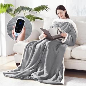 Sealy Electric Blanket Wearable with Foot Pocket, Electric Snuggle Blanket with Sleeves, Flannel & Sherpa Heating Throw with 6 Heat Settings & 2-10 Hours Auto Shut Off, 50 * 70"+18", Light Grey
