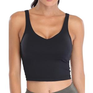 Oalka Sports Bra Womens Longline Padded Crop Tank Yoga Bras Workout Fitness Top (Black)