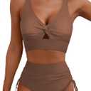 ZAFUL Women High Waisted Bikini Sets Color Block Swimsuit Two Piece Knot Twist Cut Out Drawstring Bathing Suit (Small, Coffee)
