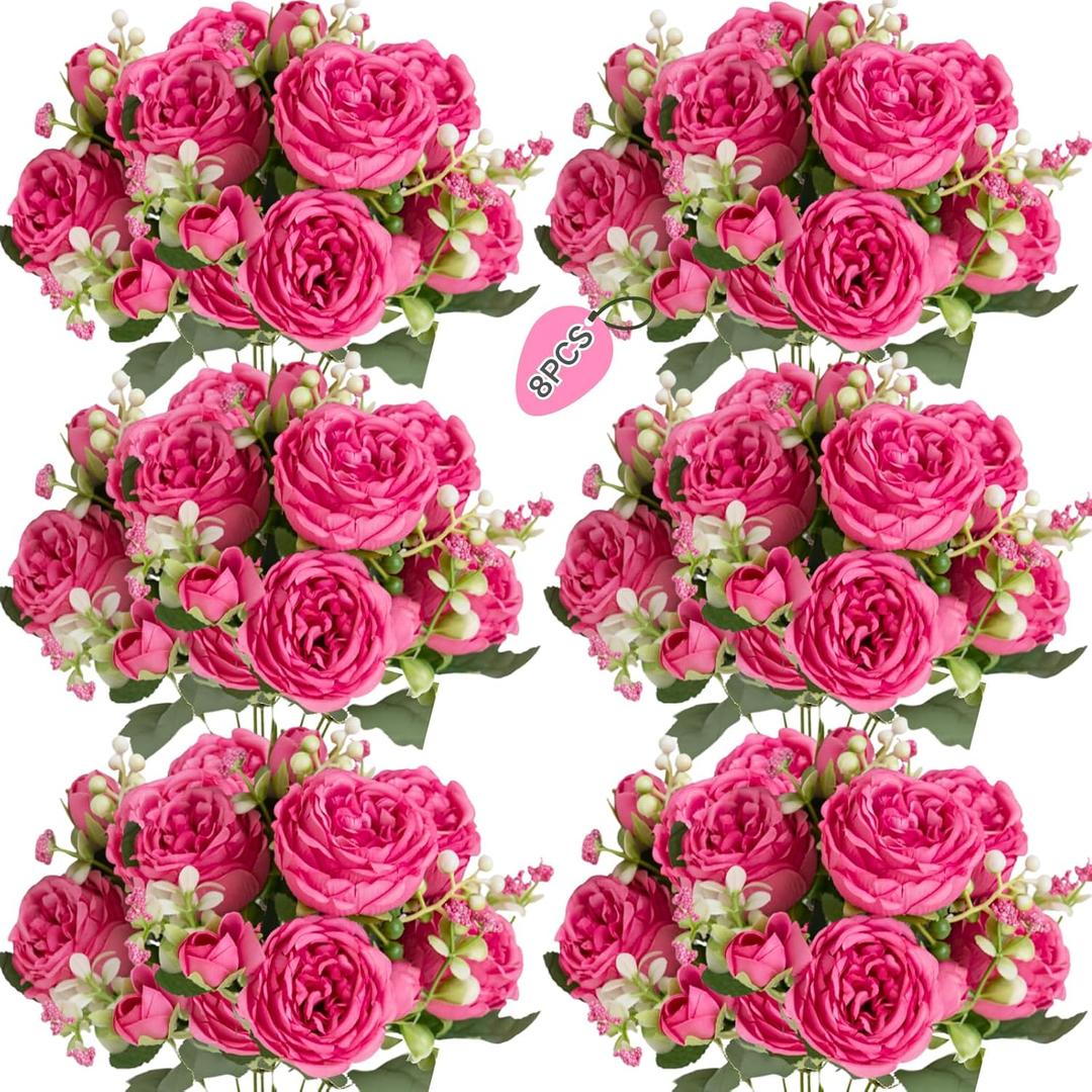 ASTRYAS 8Pcs Artificial Flowers Fake Peonies Silk Peony Bouquet Faux Flowers Bulk Arrangements for Decoration Vase Florals Arrangements Wedding Home Party Table Hot Pink
