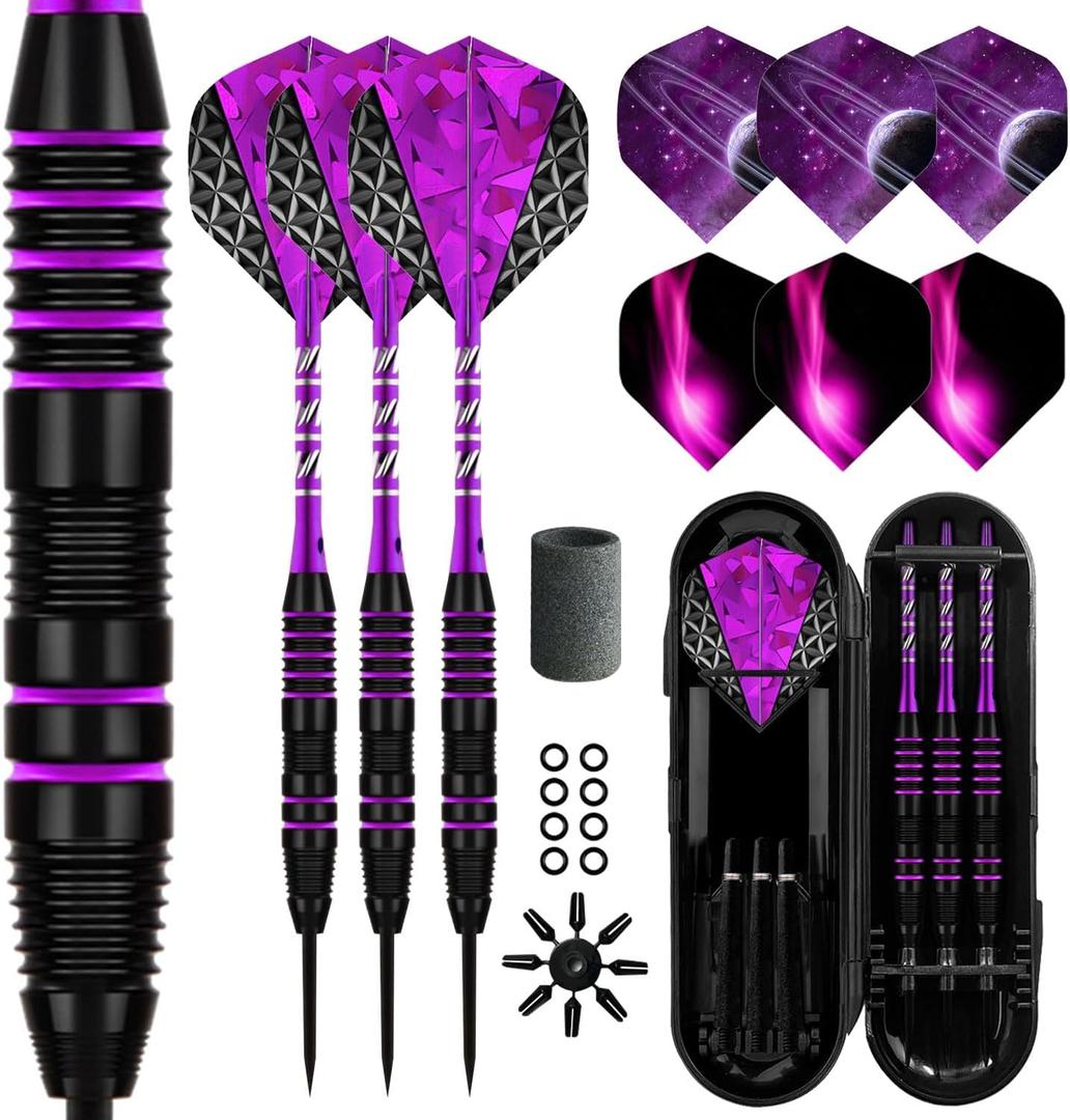 Dart Metal Tip Set 3 Aluminum Dart Shafts Steel Tip Dart Set Professional Darts Steel Tip Set + Extra 3 Dart Flights 3 Replace Plastic Shafts (purple)
