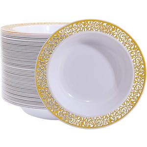 I00000 60 PCS Gold Disposable Soup Bowls,12 oz Plastic Soup Bowls with Gold Rim,Heavy Duty Plastic Bowl for Wedding & Party