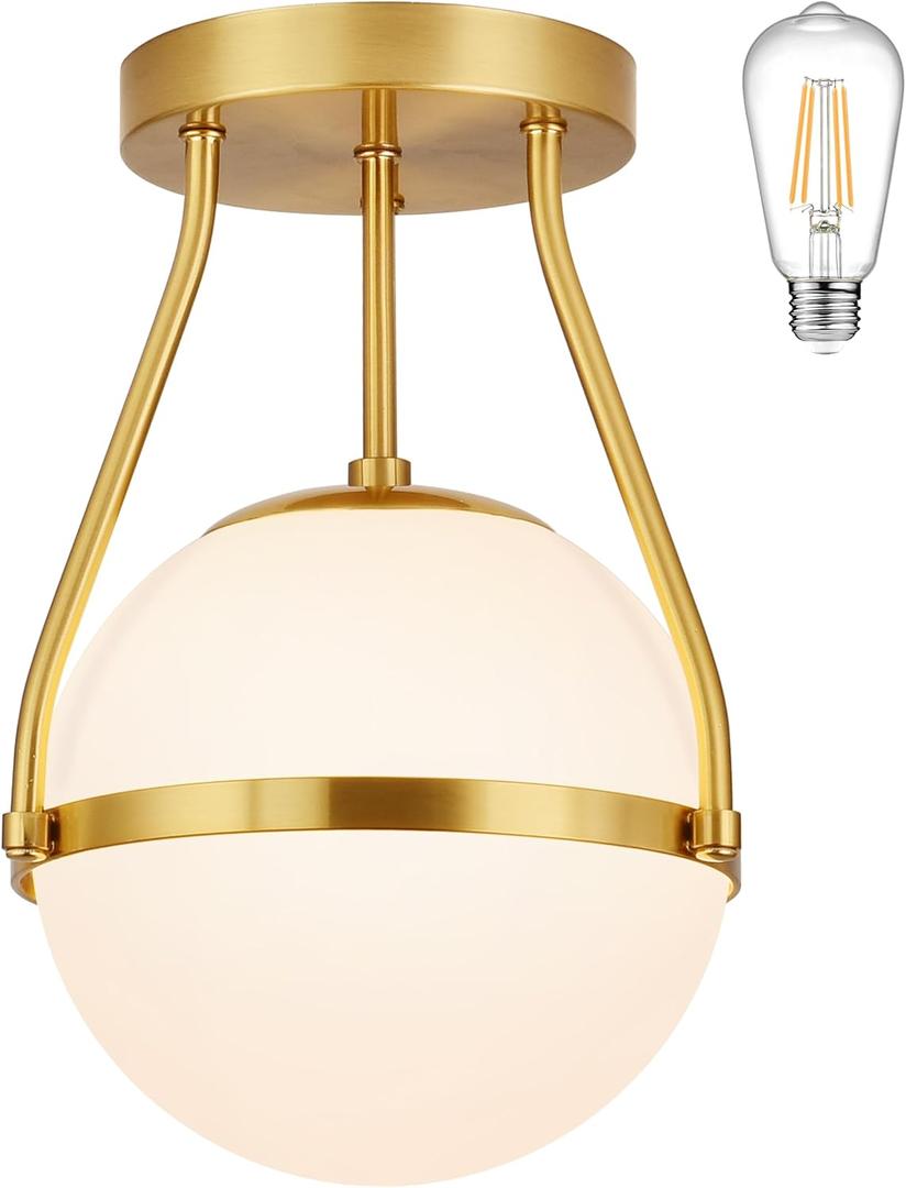 9.8" Modern Semi Flush Mount Ceiling Light Fixture Mid Century Ceiling Light Globe Ceiling Light Fixture with Milk Glass Shade Brass Finish for Kitchen Island Hallway Living Room (Bulb Incl.) (Gold)
