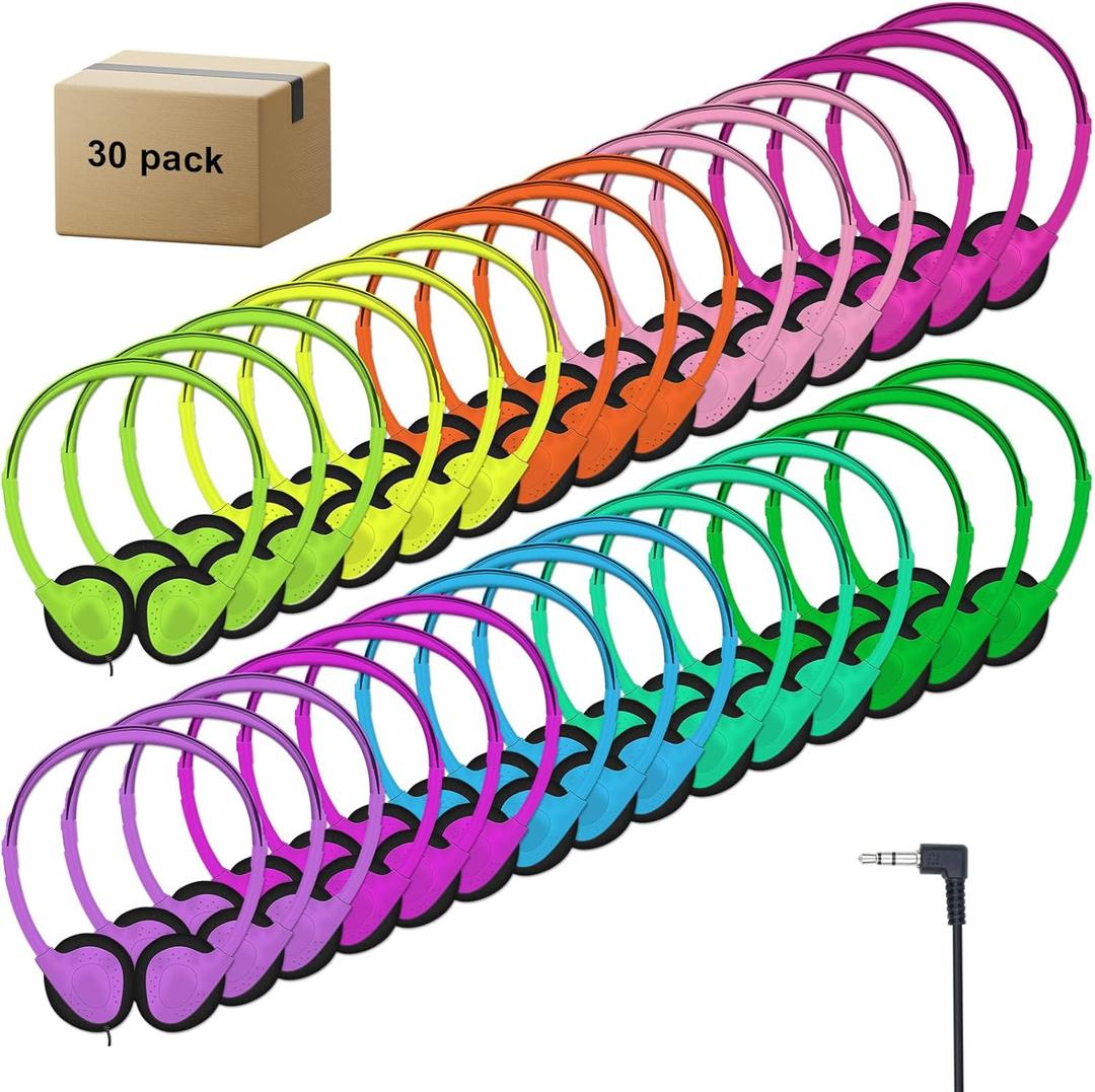 30 Pack Class Set Headphones for Kids Students School Classroom Bulk Earphones Adjustable with 3.5 mm Jack for Library Children Adults(004 Multi Color Headphones)
