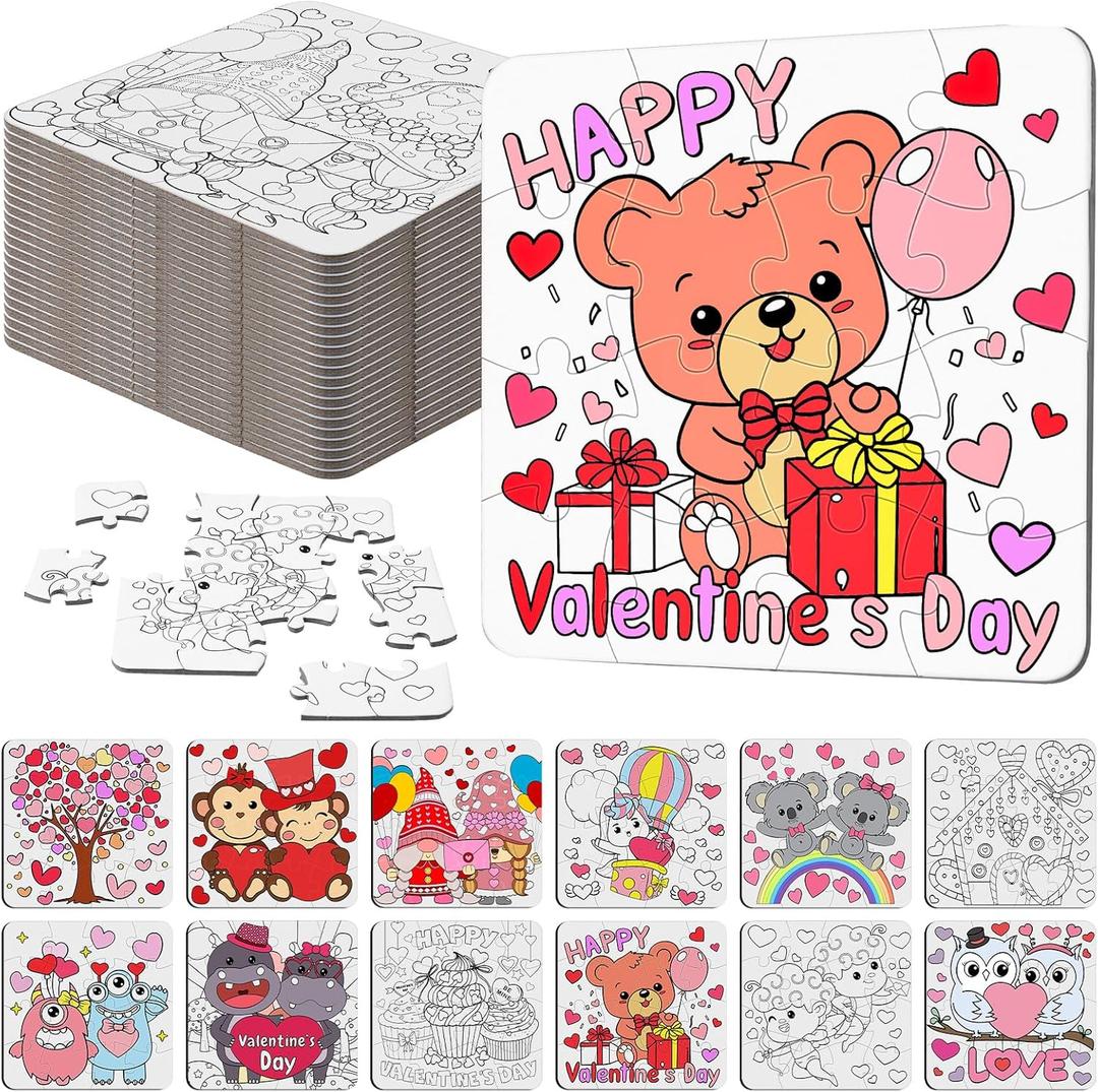 Realspring 24 Pack Color Your Own Jigsaw Puzzles for Kids Valentine's Day Coloring Puzzles DIY Paper Jigsaw Party Favors Gifts Exchange Classroom Activities Educational Game Toy