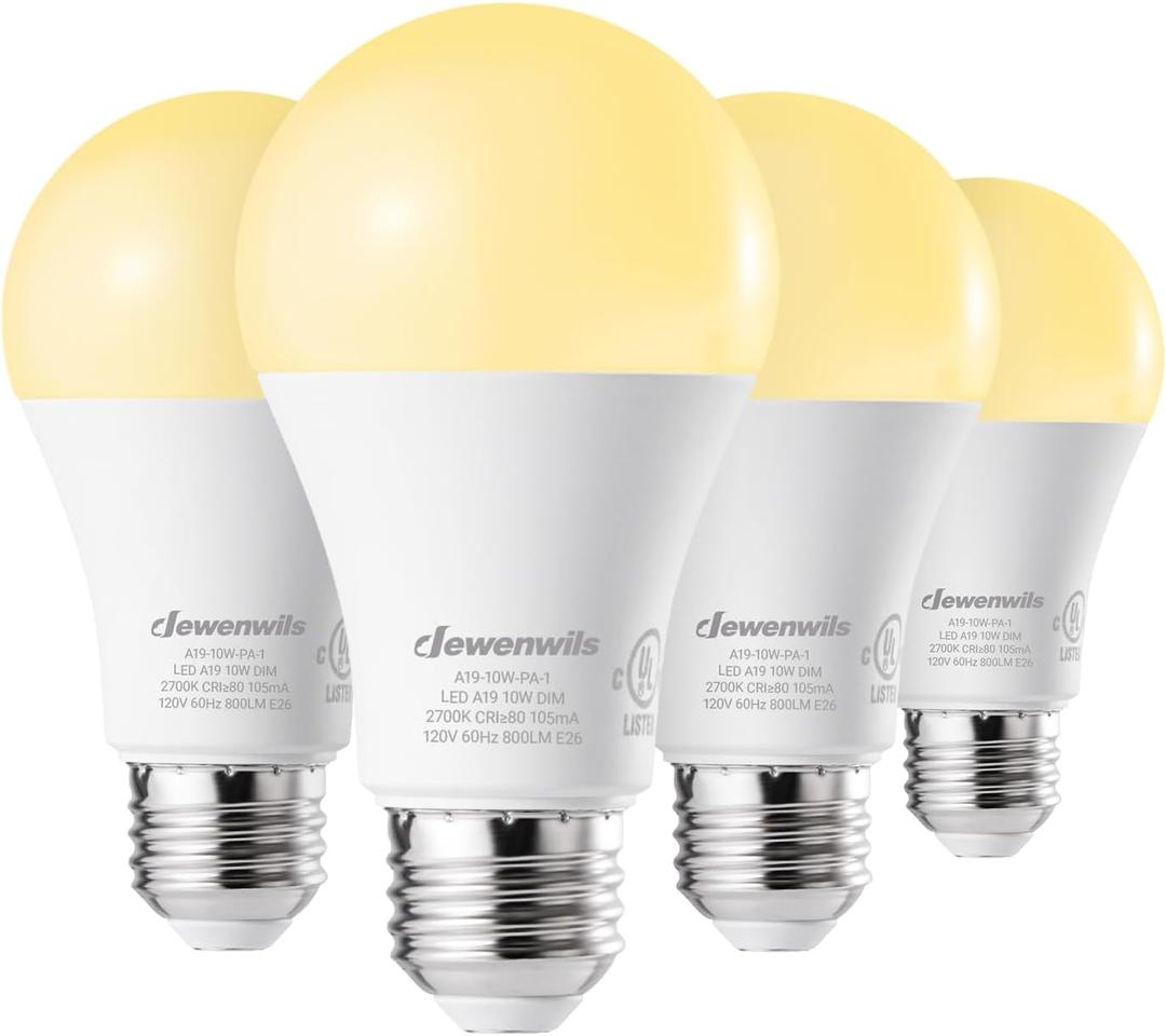 DEWENWILS 4-Pack A19 Dimmable LED Light Bulbs, 2700K Warm Light Bulbs, 800 Super Bright, 10W (60 Watt Equivalent) LED Bulb, E26 Base, UL Listed