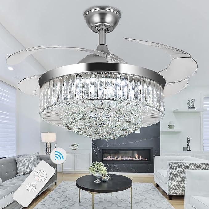 WWahuayuan 36" Chandelier Ceiling Fan Light, Modern Retractable Invisible Ceiling Fan Light Remote Control 4 Retractable ABS Blades for Bedroom Living Room Dining Room Decoration