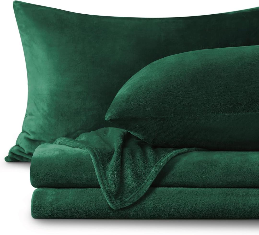 BEDELITE Flannel Sheets Twin Size Dark Green - Super Soft Fleece Sheets Set Fluffy Extra Plush, 3 Piece(Include Fitted Sheet, Flat Sheet, 1 Pillowcase)