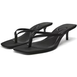 Women's Miami Kitten Heels Sandals Square Open Toe Thong Sandal Flip Flop Heels +Memory Foam Heeled Sandals for Women (7, Fabric Black)