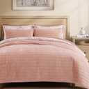 Wrensonge Velvet Queen Quilt Set-3 Pieces Clay Pink Luxurious Velvet Striped Channel Comforter with 2 Shams, Soft Bedspread Coverlet Quilted Bedding Set for All Season