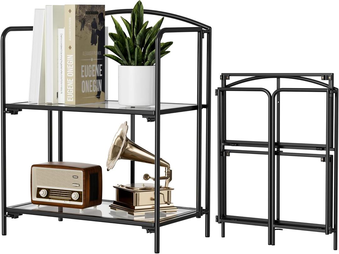 Crofy No Assembly Folding Bookshelf for Living Room, 2 Tier Black Collapsible Book Shelf for Home Office, Portable Bookcase Storage Organizer