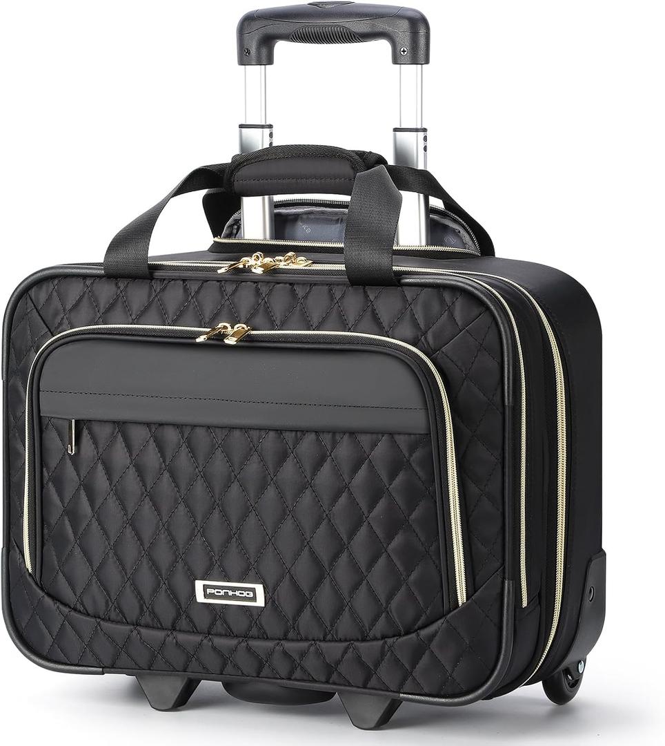 Ponhog Rolling Laptop Bag, 15.6 Inch Rolling Briefcase for Women with Wheels, Carry On Flight Approved Roller Computer Case for Travel Work College Business Wife Mom Teacher, Black