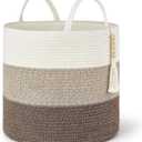 Mkono Woven Storage Basket Decorative Natural Rope Basket Wooden Bead Decoration for Blankets,Toys,Clothes,Shoes,Plant Organizer Bin with Handles Living Room Home Decor, 16" W 13.8" L