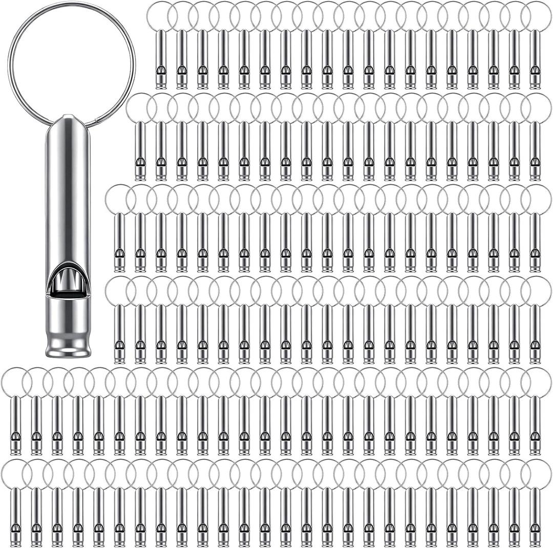 Simgoing 300 Pieces Emergency Whistle with Keychain Aluminum Survival Whistle Loud Safety for Life Saving Camping Hiking Boating Hunting Fishing Hunting Outdoors Sports Training, Silver