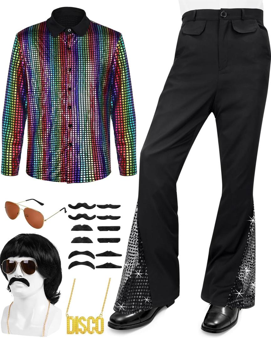 Mepase 70s Disco Outfit Costume Bell Bottom Pants Shirts Wigs Necklace Mustache Disco Party (S(height44-54 in), As Shown in Picture)