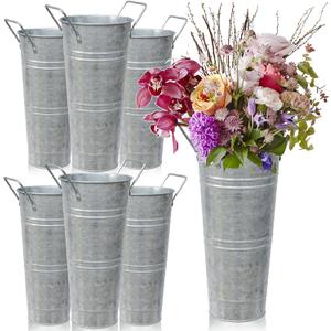 Set of 6 Galvanized Metal Vases Farmhouse French Flowers Bucket Vase with Handles Rustic Tin Flower Holder for Cut Plants Housewarming Gift for Balcony Garden Courtyard