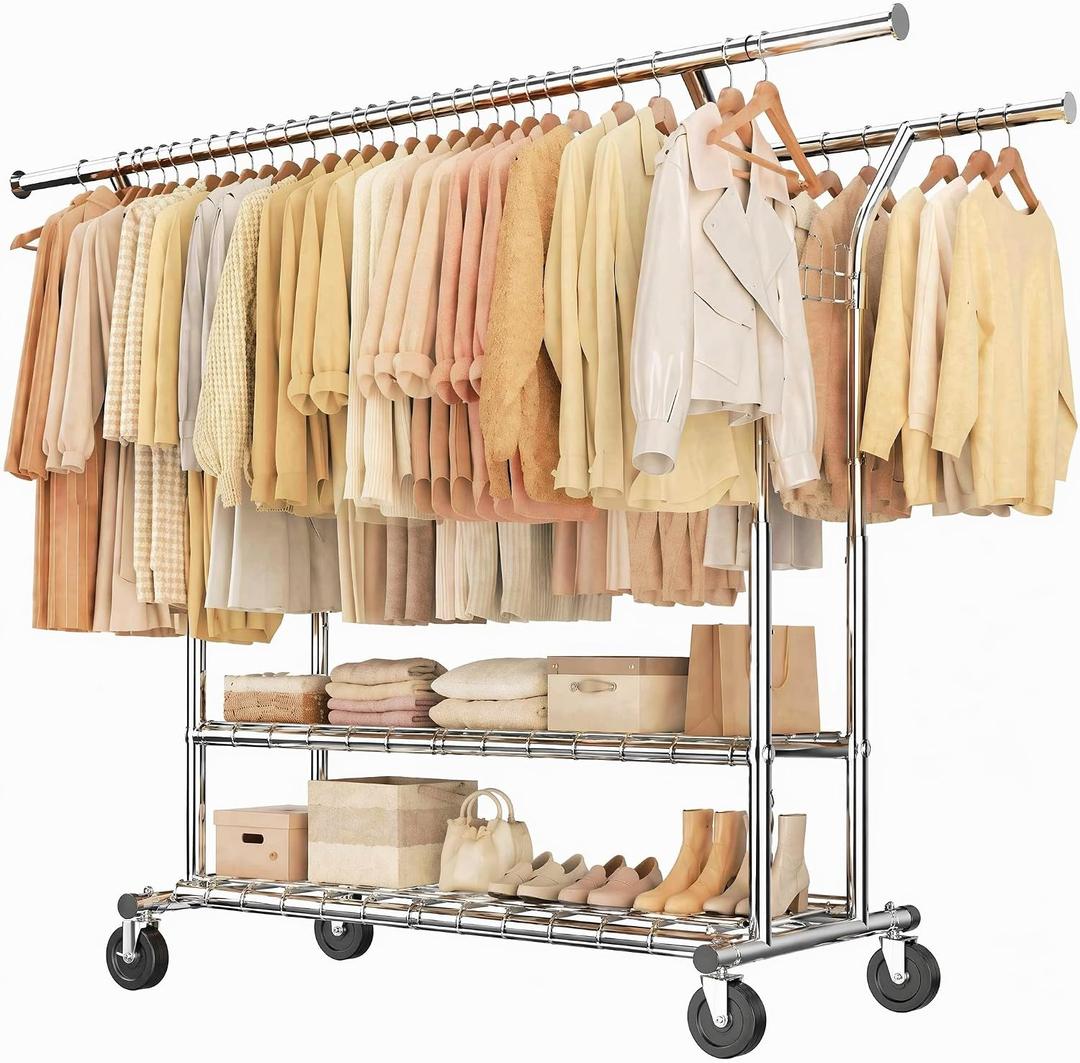 GRANNY SAYS Heavy Duty Clothes Rack Rolling Clothing Racks for Hanging Clothes Load 650LBS Double Rods Garment Rack with Lockable Wheel & 2-tier Storage Shelves for Bedroom Laundry Room