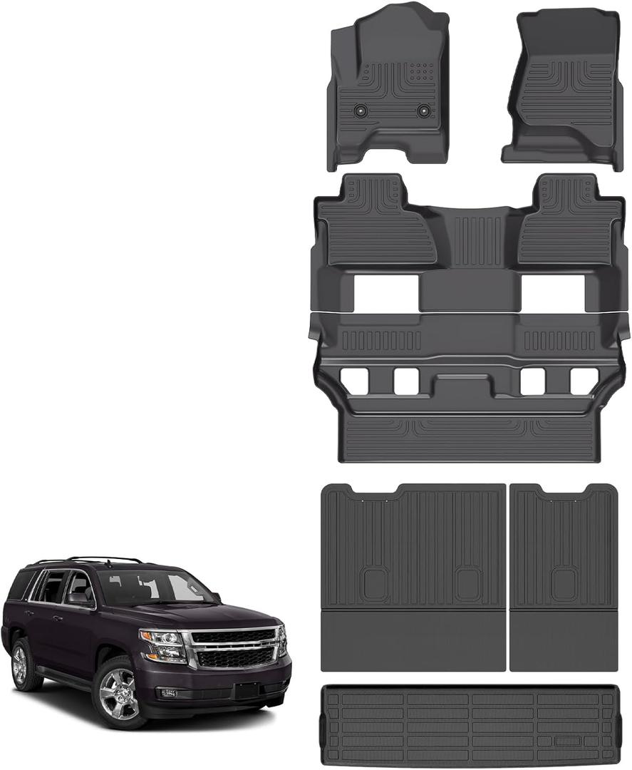 for Chevrolet Chevy Tahoe & GMC Yukon Floor Mats 2015 2016 2017 2018 2019 2020(Only for 7 Seats & Bucket Seat, Not for XL), TPE Automotive All Weather Car Floor Mats Cargo Liner Backrest Accessories