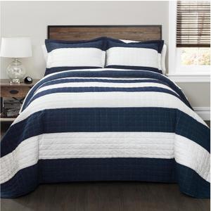 Lush Decor New Berlin Quilt Striped Pattern 2 Piece Bedding Set, Twin, Navy & White