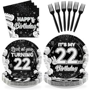 96Pcs 22nd Birthday Decorations for Men Women Black White 22nd Birthday Party Plates Disposable Look at You Turning 22 Paper Tableware Set for Happy 22 Year Old Party Supplies Serves 24