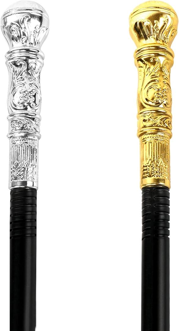 Lucleag 2PCS Gold Walking Cane & Silver Walking Cane, Halloween Party Theme Party Supplies, Halloween King Cosplay Prop Costume Accessories, Halloween Prop Stick Pimp Canes for Adults Kids