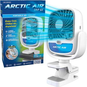 Arctic Air Grip Go Evaporative Cooler, Cordless & Portable Fan with 3 Speeds, Universal Clamp 360 Degrees Head Swivel, USB Charging, 5-Hour Battery, Personal for Home, Office, Car More, White