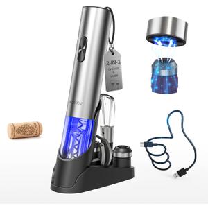 CIRCLE JOY Electric Wine Opener 7-in-1 Stainless Steel Rechargeable Electric Wine Bottle Opener Gift Set with Automatic Vacuum Pump, Foil Cutter, Wine Pourer, 2 Vacuum Stoppers & Charging Station