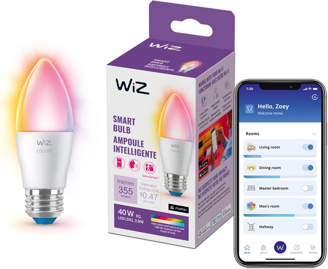 WiZ 40W B12 Color LED Smart Candle-Shaped Bulb - Pack of 1 - E26- Indoor - Connects to Your Existing Wi-Fi - Control with Voice or App + Activate with Motion - Matter Compatible (1 Pack)