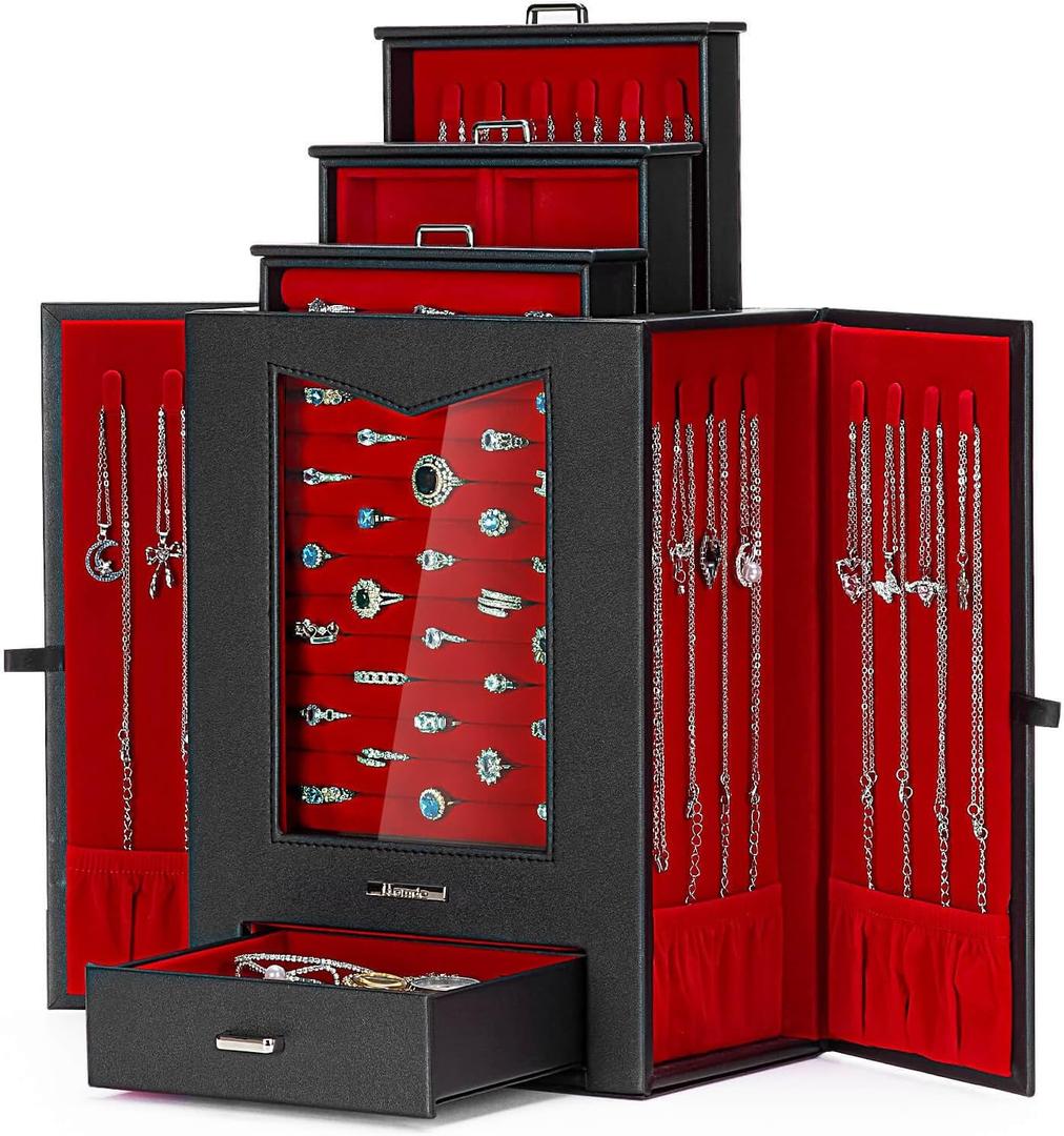 Homde Jewelry Organizer with Transparent Window Necklace Hooks Gift for Women Jewelry Box Display Case for Necklaces Rings Earrings Bracelets and Other Accessories (Black + Red)