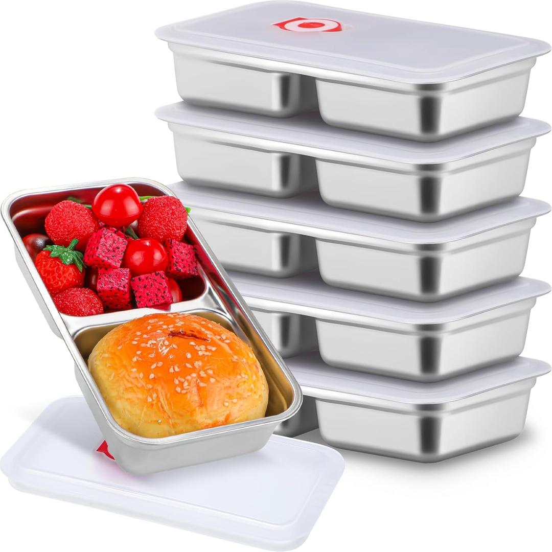 6 Pcs Stainless Steel Snack Containers 30 oz 2-compartment Meal Prep Containers Reusable Metal Divided Bento Box with Silicone Lids Leakproof Lunch Box Dishwasher Safe (White)