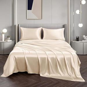 Omnegon Ivory Silk Sheet Set, Breathable Super Soft 100% Luxury Breathable Cooling Fade Resisitance 4PC Sheet Set, Super Silky 15" Deep Pocket Bed Sheet Queen Size