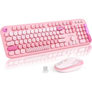 MOFII Wireless Keyboard and Mouse Combo, Cute Retro Typewriter Keyboard and Silent Mouse, 2.4GHz Full Size Computer Keyboard Wireless Mouse Set for PC, Laptop, Desktop, Windows (Pink Colorful)