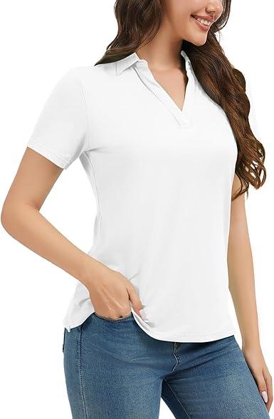 Idtswch Women's V-Neck Polo Shirt Short Sleeve for Casual & Work Golf Shirt (White, XXL)