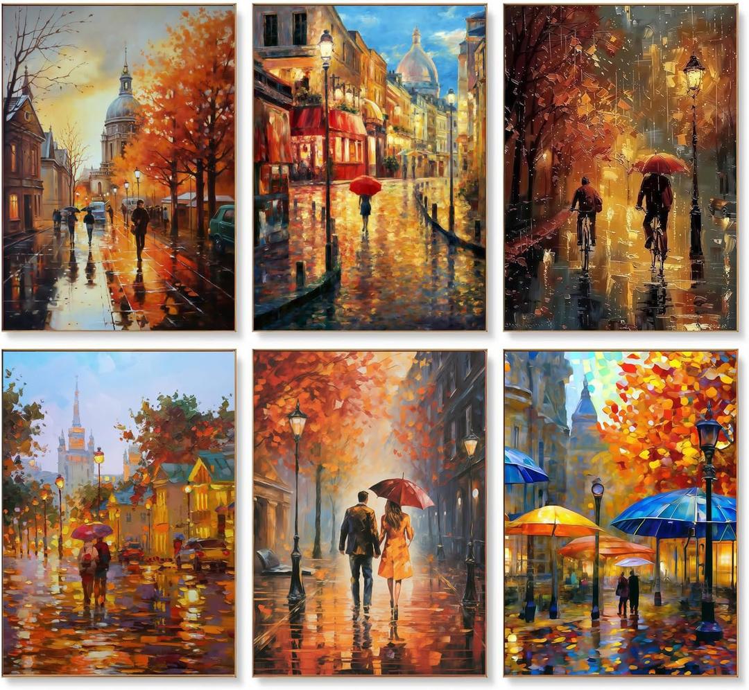 DIYGEMDOT 6 Pack DIY Paint by Numbers Kit for Adults & Beginners, A Walk in The Rain Easy Paint by Number Kits, 9.8 X 13.8 inches for Home Decor (Z002)