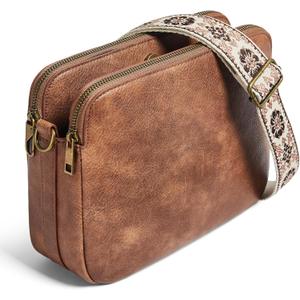 Yarnic Women Crossbody Bag Trendy Faux Leather Cross Body Purse Guiter Strap Shoulder Handbag Sling Anti-theft Zipper (Brown)