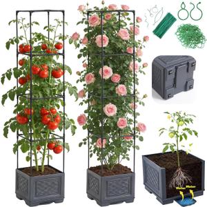Tomato Planter Box with Trellis - Self-Watering Rolling Raised Garden Bed with Tomato Cages for Climbing Plants - Tomato Pots with Cage Plant Support for Flower Vegetable Vine Indoor Outdoor
