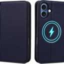 Wallet Case for iPhone 17 6.3", Genuine Leather Flip Folio Case Compatible with Magsafe, RFID Blocking Magnetic Card Holder Kickstand Cover Men Women for iPhone 17, Darkblue