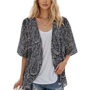 Women's Floral Print Puff Sleeve Kimono Cardigan Loose Cover Up Casual Blouse Tops (Black, M)
