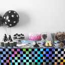 3Pack Black and Iridescent Checkered Plastic Tablecloth, Shiny Disposable Laser Rectangle Table Covers, Holographic Foil Tablecloth Iridescent Party Decorations for Picnic Camping Race Car, 54x108Inch