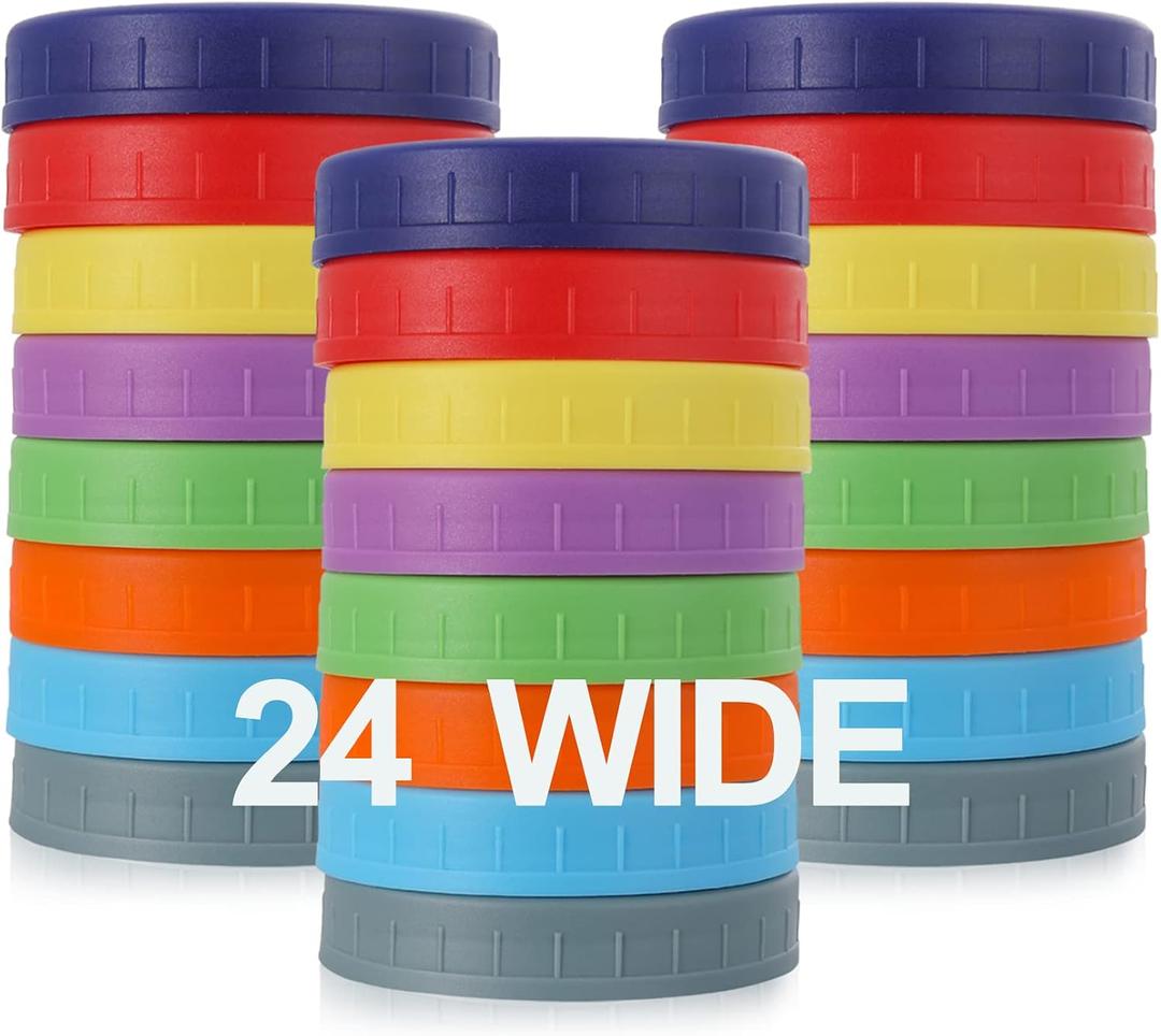 AOZITA [ 24 Pack ] WIDE Mouth Mason Jar Lids for Ball, Kerr and More - Colored Plastic Storage Caps for Mason/Canning Jars - Leak-Proof
